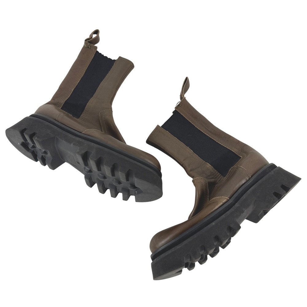 Zara Lug Sole Chelsea Boots‎ Brown Leather Square Toe Platform Womens Size 36/6